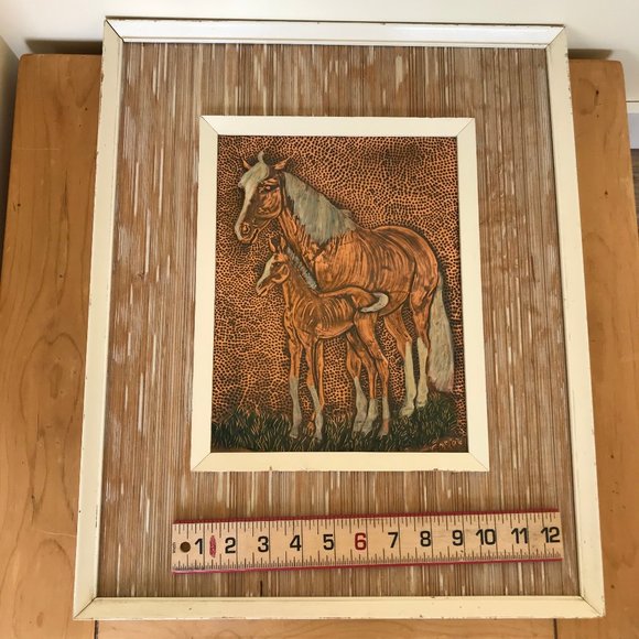 Horse w/ Foal Western Farm Embossed Copper Framed Picture Repousse 16x19 Signed - Picture 7 of 9